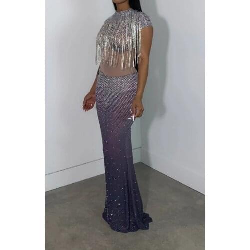 Silver Rhinestone Fringe Spandex Long Dress Birthday Celebrate Outfit Sleeveless Wear Women Dancer Show Dresses YOUDU