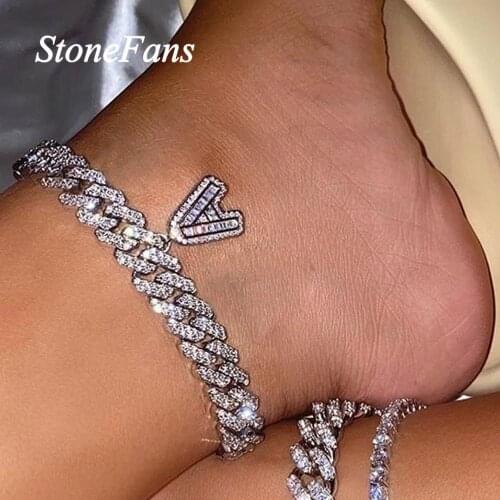 Stonefans A-Z Initial Cuban Chain Anklet Bracelet on the Leg Hip Hop Thick Chain DIY Letter Anklet Rhinestone Iced Out Baguette