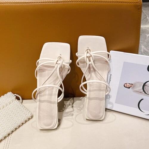 Genuine Leather square open toe mules Outside Slippers Women Sandals Pumps Square heel Concise Women Fashion Shoes Casual Shoes