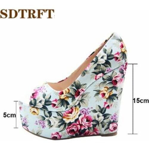 SDTRFT New Peep Toe Pumps Platform Party Flowers shoes woman 15cm High Heeled zapatos mujer Sweet wedges Stiletto Plus:34-42 43