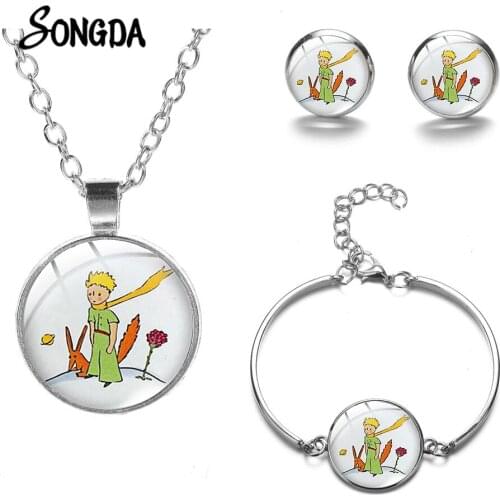 SONGDA The Little Prince Jewelry Sets Fairy Tale Kids Jewelry Glass Art Photo Round Necklace Bracelet Earrings Set Birthday Gift
