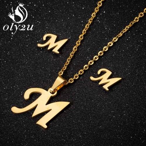 Oly2u Stainless Steel Bridal Jewelry Sets For Women Gold Letter Necklace Choker Stud Earrings Jewellery Fashion Necklace Set