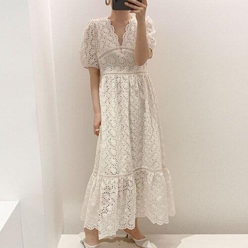 Pinkou Women Sweet Hollow Out Midi Dress Embroidery Short Sleeve Back Zipper V Neck With Lining Summer Chic Dresses QA118