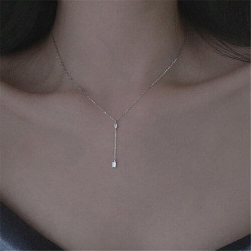 925 Sterling Silver Simple Tassel Zircon Square Charm Pendant Choker Necklace For Women Elegant Statement Wedding Jewelry dz741