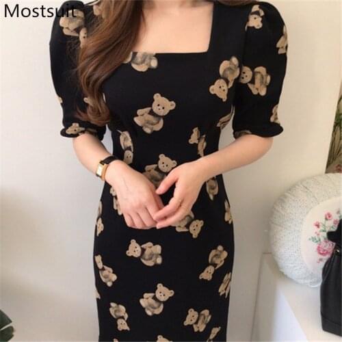 Bears Printed Korean Women Long Dress Short Sleeve Square Collar Slim Waist Dresses Elegant Fashion Ladies Vestidos Femme 2021