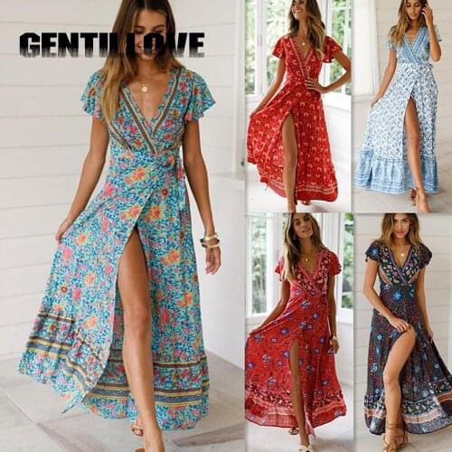 2021 Summer Women Dress Indie Folk Floral Print Women Sexy Bow Beach Wrap Dresses V-Neck Boho Split Elegant Party Sundress