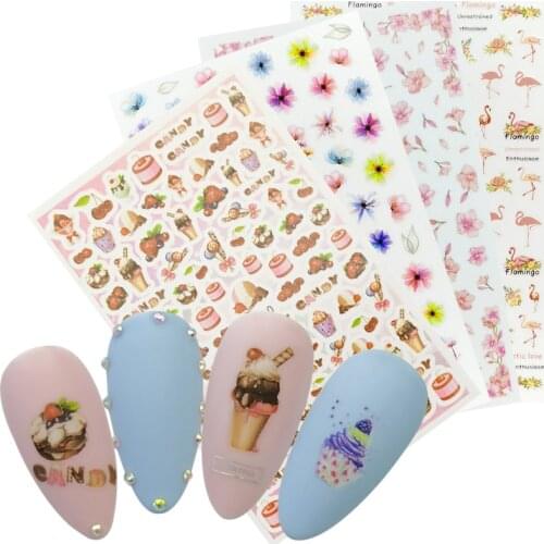 1pcs 3D Super Thin Dessert Nail Stickers Tips Nail Art Adhesive Decals Flower Flamingo Design Nail Wraps Manicure