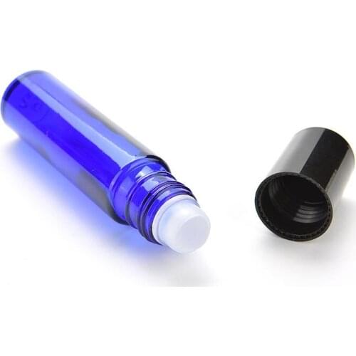 1pc 10ml Blue Glass Bottle Roll On Empty Fragrance Perfume Essential Oil Bottle Black Plastic Cap Bottle Mini Sample