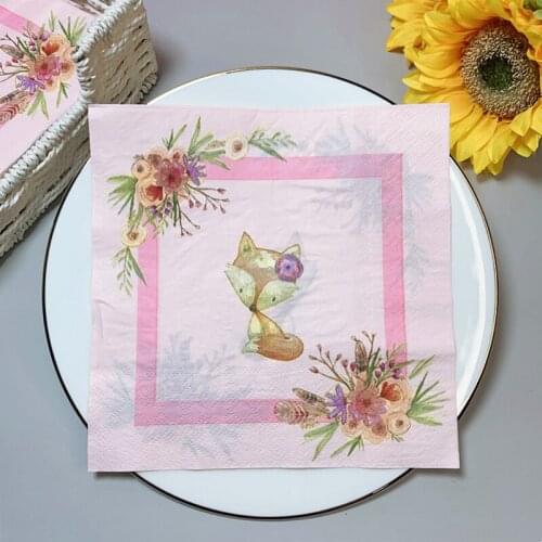 20Pcs/Pack Cute Cartoon Fox Decoupage Paper Napkins Pink Princess Paper Tissues for Girls Birthday Party Table Decorations K