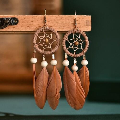 2021 Creative Vintage Dream Net long feather Pendant earrings flowing su ear ornaments bohemia wind jewelry gift