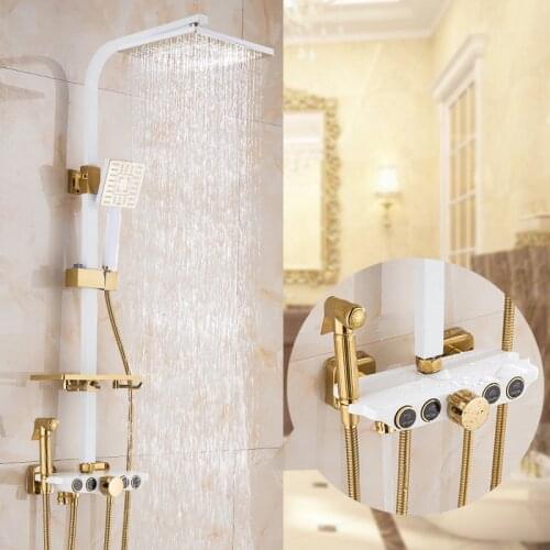 White and Gold white paint gold plated all copper shower European shower set porcelain white shower