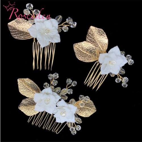 White Resin Flower Bridal Wedding Hair Comb Clip Accessories Gold Leaves Hair Pins for Women Bride Headpiece RE3730