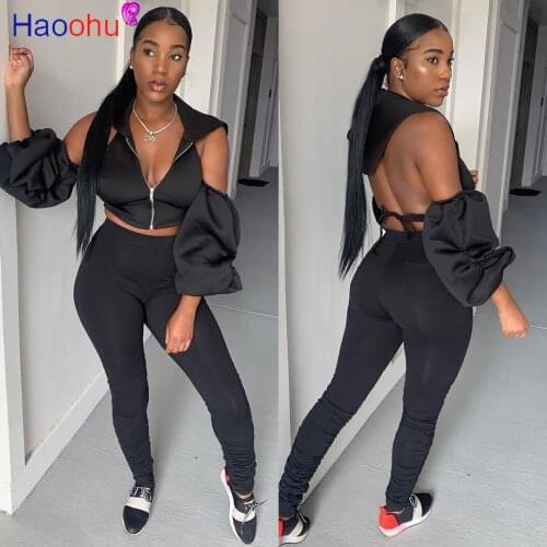 HAOOHU Autumn sexy Women Set Open Back Puff Sleeve Zipper Hoodies Stacked Pants Set Two Piece Outfit Sweet evening party
