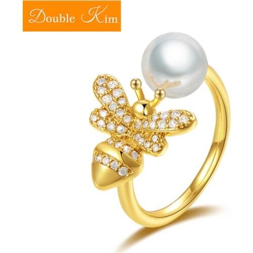 Small Bee Peal Zircon Adjustable Ring Copper Alloy silver plated Resizable Rings Fashion Trendy Women Jewelry Birthday Gift