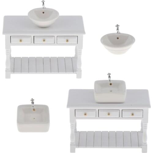 1:12 Square Ceramic Wash Basin Sink + Cabinet for Dollhouse Accessories