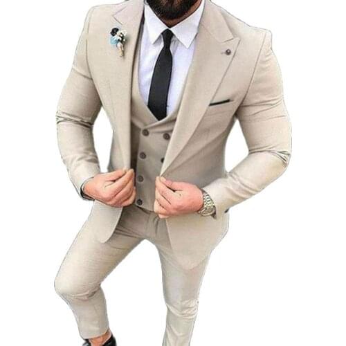 Fashion Peak Lapel Mens Toast Business Suits Evening Dress Slim Fits Beige Groom Tuxedos (Jacket+Pants+Vest+Tie) W:129