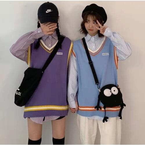 Preppy Style Fashion Vest For Women Spring Autumn Sweet V-Neck Striped Sweater Vest Oversize Coat Sleeveless Warm Knit Tops