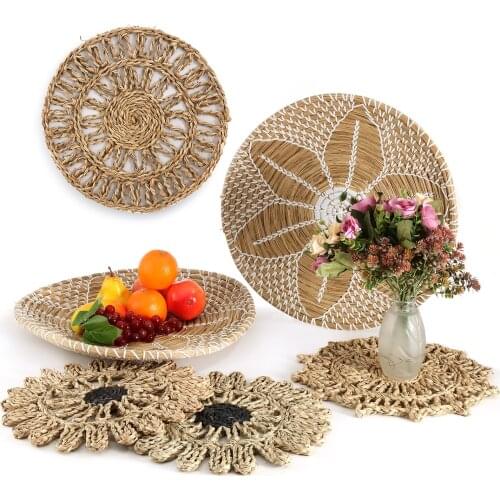 6 Pcs Handmade Wall African Boho Style Hanging Woven Seagrass Basket Decorative Bowls Disks for Home Living Room Bedroom Decor