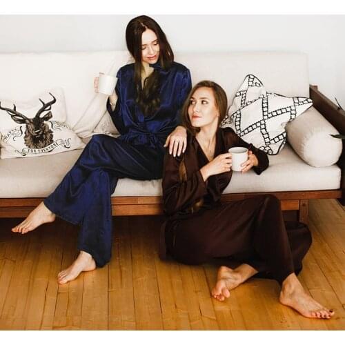 HiLoc Solid Long Sleeve Sleepwear Women Bathrobe For Home Suit Sets Elegant Satin Robe Set Pajamas With Pants Spring 2021 Pajama