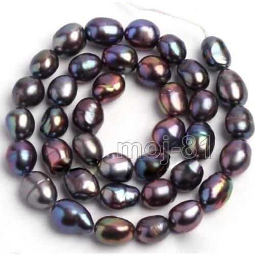 Jewelry Pearl Necklace Genuine 9-10mm Natural Black Oval Freshwater Pearl Loose Beads Strand 15" Free Shipping