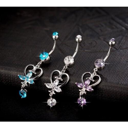Surgical Steel Sexy Body Piercing Jewelry blue purple heart style Navel Piercing Dangle Belly Button Ring for Women