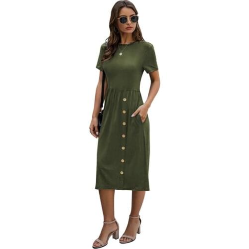 Summer Women Dress Round Neck Casual Button Mid-length Dress Retro Comfortable High Waist Dress Casual Solid Color Beach Dresses