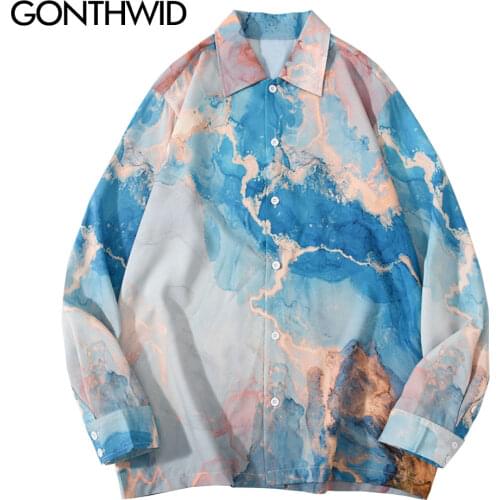 GONTHWID Tie Dye Painting Print Beach Hawaiian Shirts Long Sleeve Button Shirt Hip Hop Harajuku Casual Holiday Party Blouse Tops