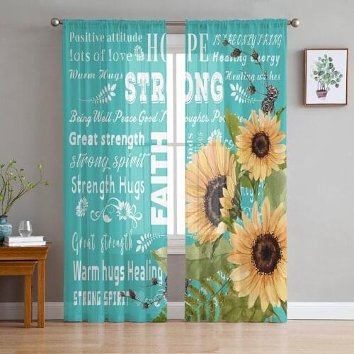 Positive Energy Text Sunflower Turquoise Sheer Curtains for Living Room Modern Bedroom Voile Tulle Curtain Window Drapes