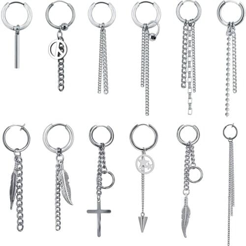 ZS Mens Cross Korean Earrings With Long Tassel 316L Stainless Steel Kpop Earrings Unisex Hip Hop Jewelry for Women Ear Rounds