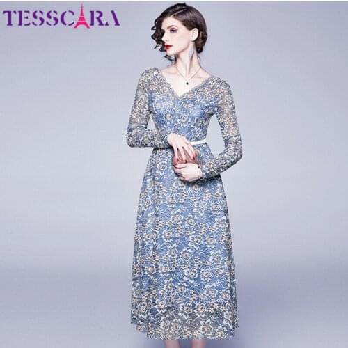 TESSCARA Women Spring & Autumn Elegant Lace Dress Female Designer Long Cocktail Robe High Quality Blue Wedding Party Vestidos
