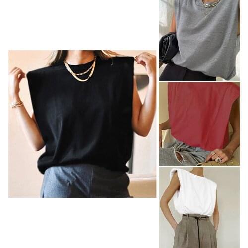 Women Solid Color Tee Vest 2021 Casual Classical Padded Shoulder Sleeveless Summer Spring Crew Neck Loose Fitting Tank Tops