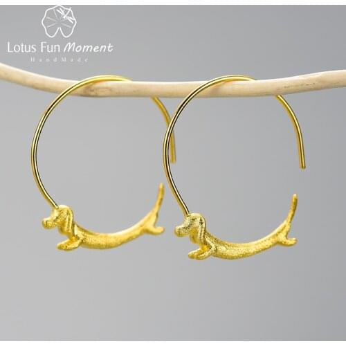 Lotus Fun Moment Lovely Flying Dachshund Dog Hoop Earrings Real 925 Sterling Silver 18K Gold Earrings for Women Fine Jewelry