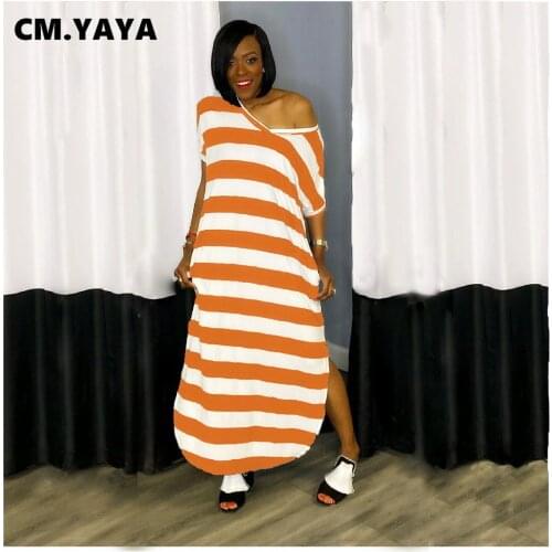 CM.YAYA Women Dress Striped Short Sleeve V-neck Loose Straight Long Dresses with Pockets Female Casual Street Outfit New Fashion