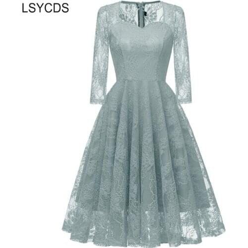 LSYCDS Luxury Embroidery Lace Dresses for Women Autumn 3/4 Sleeve A-line Knee-length Casual Party Birthday Dress Robe Femme Ete