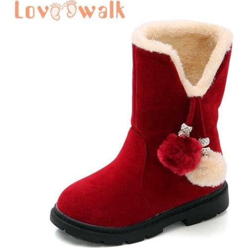 Girl Winter Snow Boots Princess Shoes Flock Leather Warm Kids Boots Fashion Thicken High Boots For Girls With Hair Ball Age 3