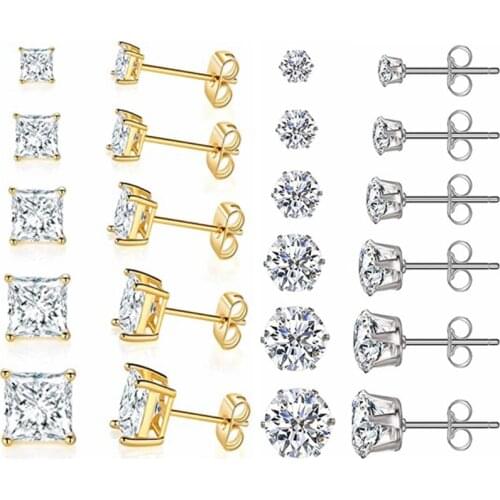 1Pair Stainless Steel Crown Crystal Ear Stud Earring Women Shiny Square Cartilage Piercing Earring Lobe Zircon Ear Stud Jewelry
