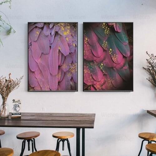 Abstract Gold Fuchsia Feather Leaf Canvas Painting Creative Nordic Decoration Wall Art Poster Simple Living Room Hotel Decor