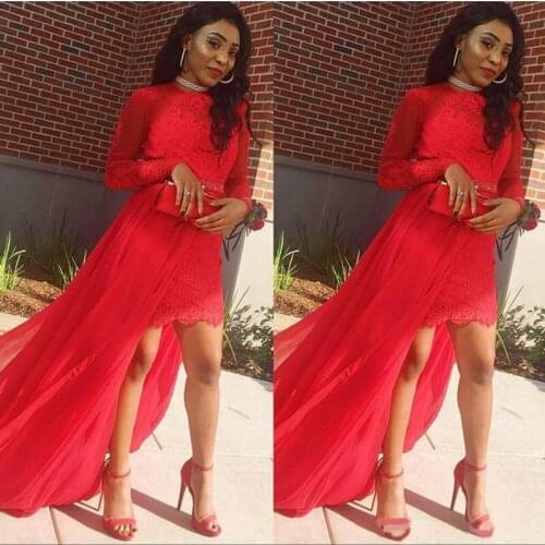 African Sheah Short Prom Dresses With Detachable Skirt Long Sleeves Lace Evening Dress Chiffon Vestido Festa Formal Party Gowns