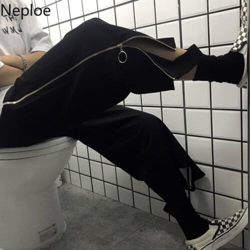 Neploe Zipper Design Wide Leg Pants Woman Man Causal 2021 Summer Black Trousers Harajuku Hole Ankle-length Pants 52498