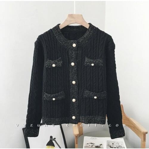 Elegant Cardigan Round Neck Long Sleeve Button Pearl Beads Black Blue White y2k Formal Knitted Jacket 2021 Fall Winter New Women