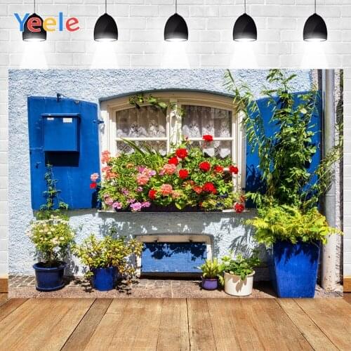 Yeele Stone House Dark Blue Window Frames Pots Red Flowers Plants Background Photophone Photography for Decor Customized Size