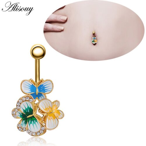 Alisouy 1pc Cute Enamel Butterfly Belly Button Ring Stainless Steel navel Body Jewelry Piercings Navel Rings Ombligo Women Girls