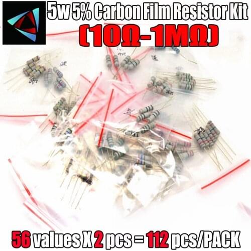112PCS/LOT 5W resistor package 5% 1R-1M 56Values*2=112Pcs Carbon Film Resistor Commonly kits Metal Oxide Film Resistors kit