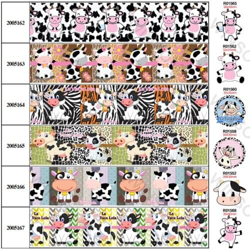Cartoon Cow Printed Grosgrain/Satin Ribbon 5 Yards Clothing Accessories Webbing DIY Handmade Material 30pcs Planar Resins 200516