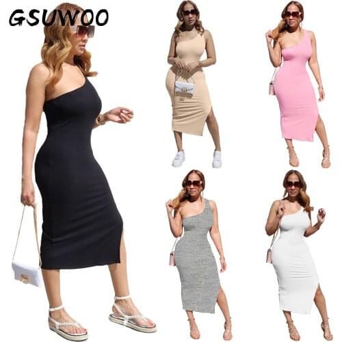 GSUWOO Summer Causal Womens One-shoulder Slit Dress Fashion Basic Long Slim Fit Pencil Dresses Solid Color Sleeveless Dress