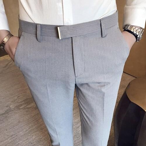 Thin Striped Ankle Length Suit Pants Male Summer Business Office Slim Fit Formal Trouser For Men 2020 Summer Fashion