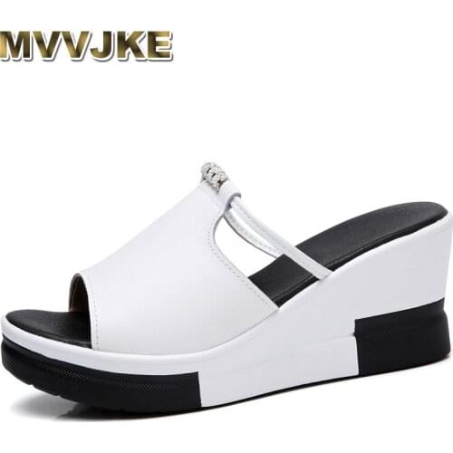 MVVJKESummer Women platform slippers Sandals Shoes Woman slipon Open Toe flip flop white genuine leather wedge beach sandalsE122