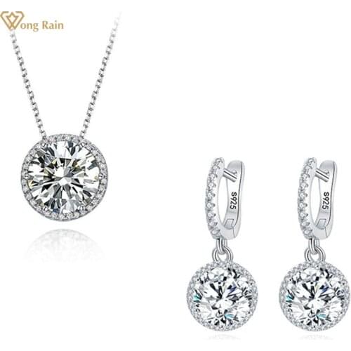 Wong Rain 925 Sterling Silver Round Cut D Created Moissanite Gemstone Simple Earrings/Pendant/Necklace Jewelry Set Wholesale