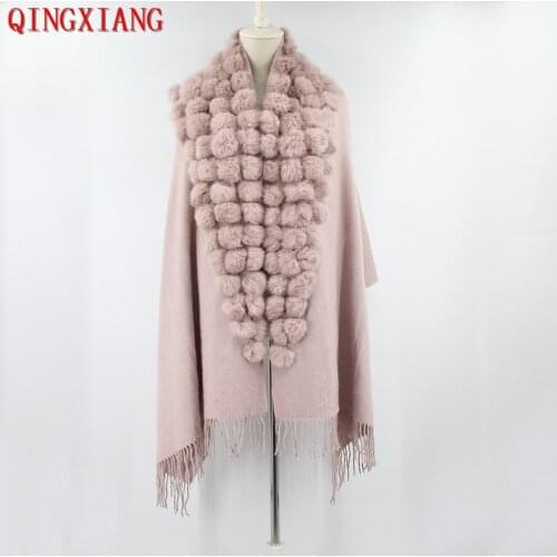 2019 Fashion Triangle Real Rabbit Fur Ball Shawl Winter Women Faux Cashmere Cape Winter Cloak Lady Mother Gift casaco feminino