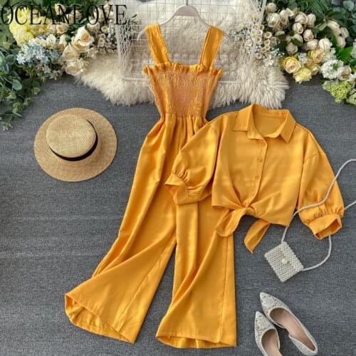 OCEANLOVE Solid Korean Two Piece Set 2020 Spring Summer Beach Style 2 Piece Set Women High Waist Ropa Mujer Fashion 16376
